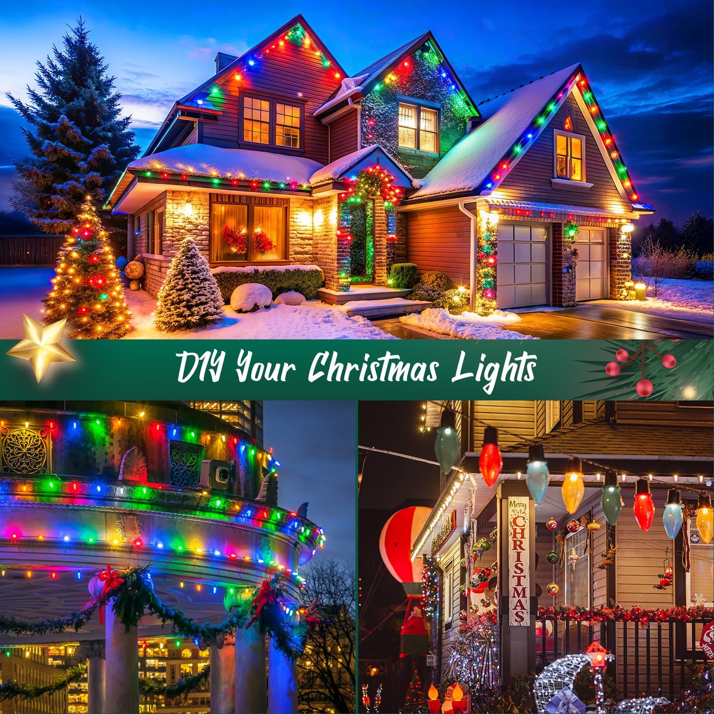 C9 Light Strand, 50 FT Outdoor String Lights Christmas Stringer with 50 Sockets for Christmas Decor Patio, E17 Light Socket, 12 Spacing, White Wire