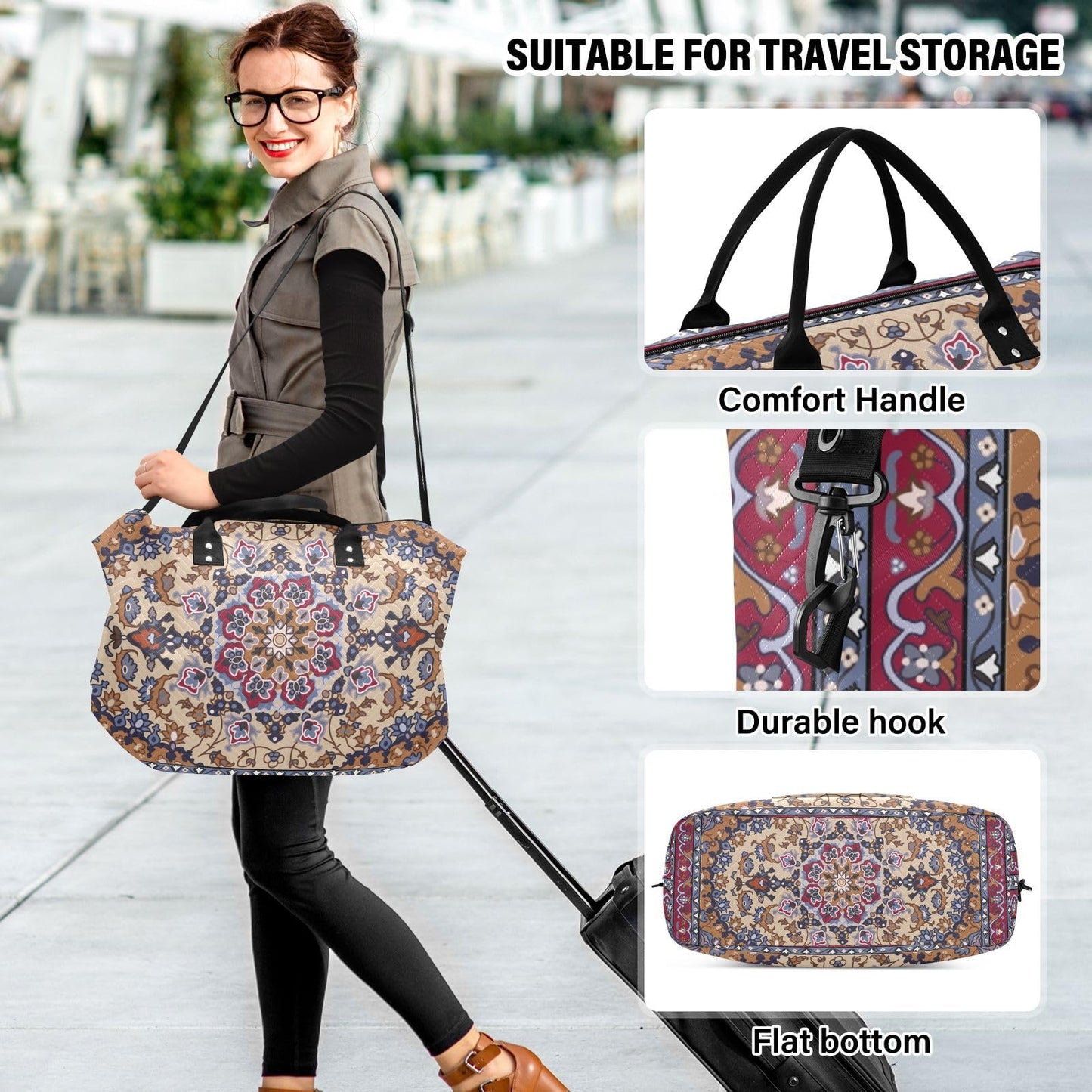 Aflyko Travel Duffel Persian Carpet Tribal Mandala Sport Tote Gym Weekender Overnight for Men Women Flight Approved Carry On Fitness Dance Go-To Daily, Medium