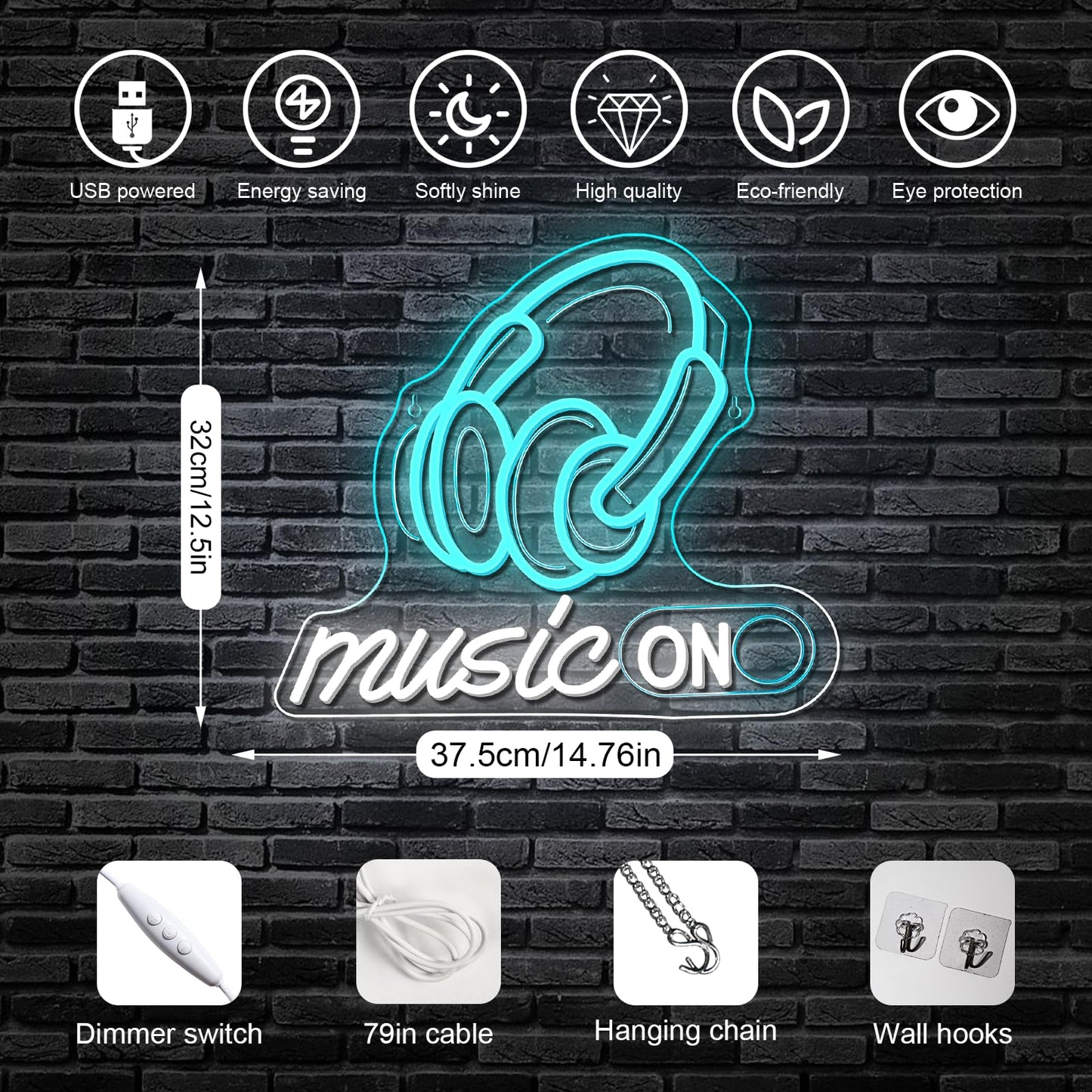 Horseneon Music On Neon Sign Rhythmic LED Wall Decor for DJ Studios, Music Rooms & Gamer Setups, USB-Powered with Adjustable Brightness, Headphones Design