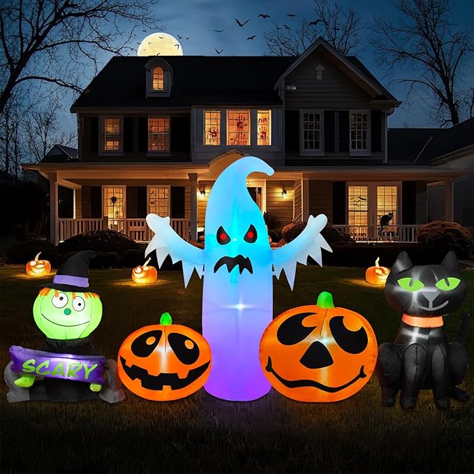 8FT Long Halloween Inflatables Outdoor Decorations, Inflatable Pumpkin and Ghost Black Cat Halloween Decorations with Built-in RGB LEDs Blow Up Inflatable for Halloween Party Garden Yard Lawn