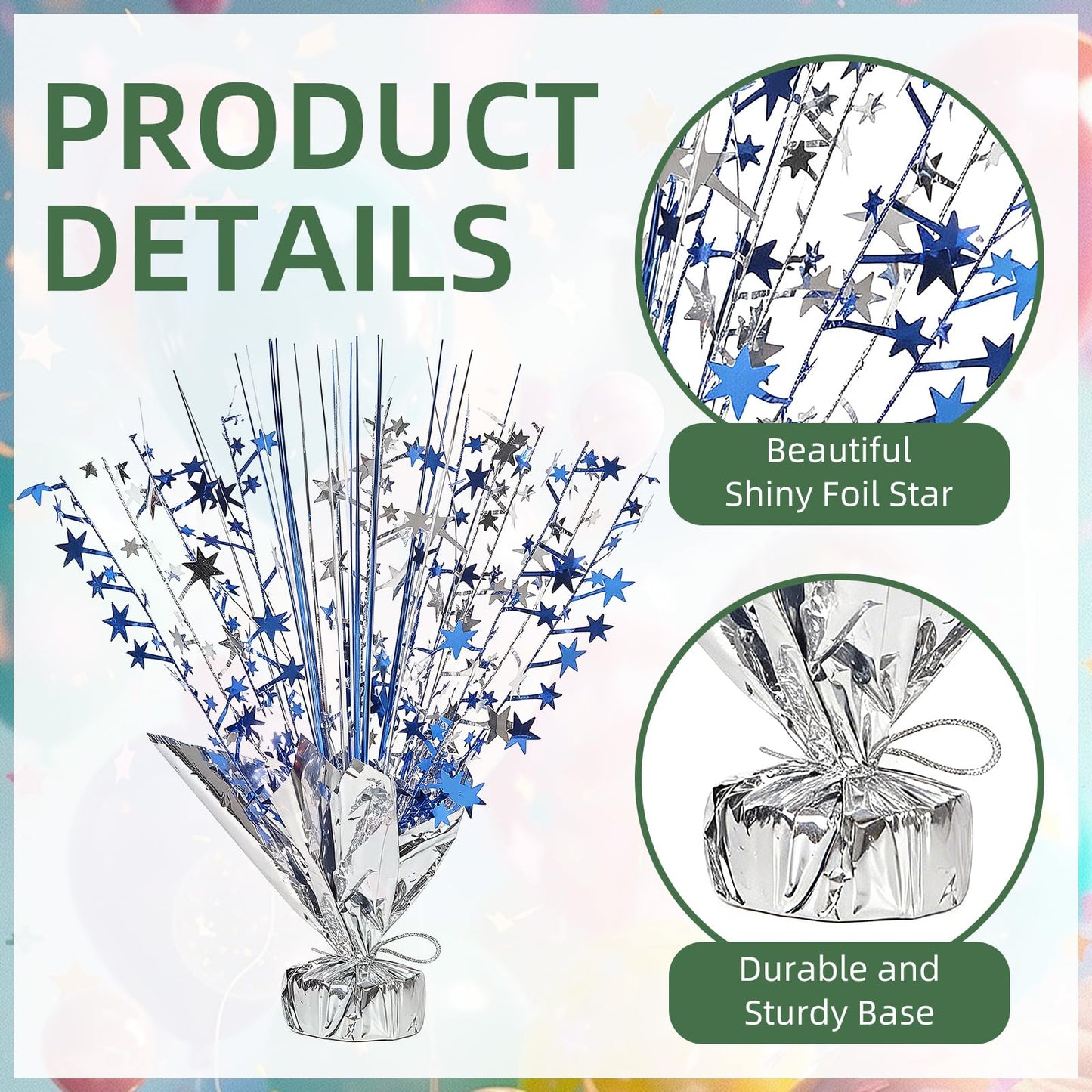 Ohiyoo 20 Pack Blue Silver Foil Spray Centerpiece Star Table Decoration Metallic Burst Table Centerpieces for Birthday Graduation New Year Wedding Anniversary Party Supply (Blue Silver)