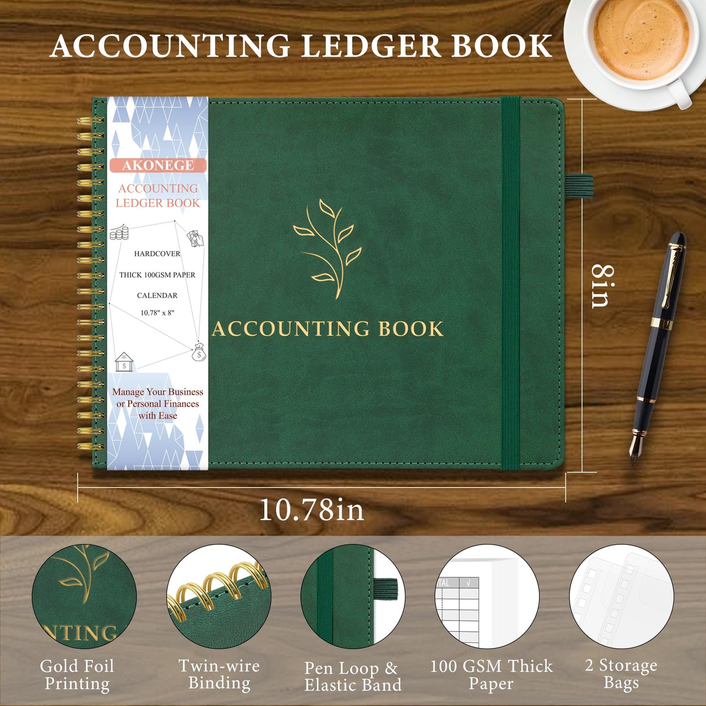 AKONEGE Accounting Ledger Book for Personal & Small Business Bookkeeping, Horizontal Income and Expense Tracker Notebook with Calendar, Hardcover Columnar Log Journal 10.78" x 8", Dark Green