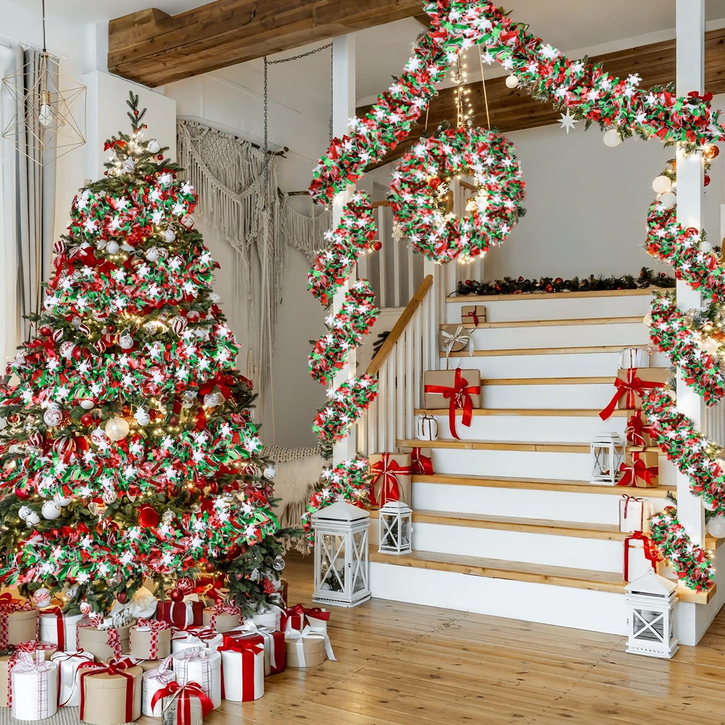 Rismise Green and Red Christmas Metallic Tinsel Twist Garland 49 Feet Glitter Christmas Tree Hanging Wreath Decor Xmas Tinsel Garland for Home Mantle Stair Railing New Year Indoor Outdoor Decorations