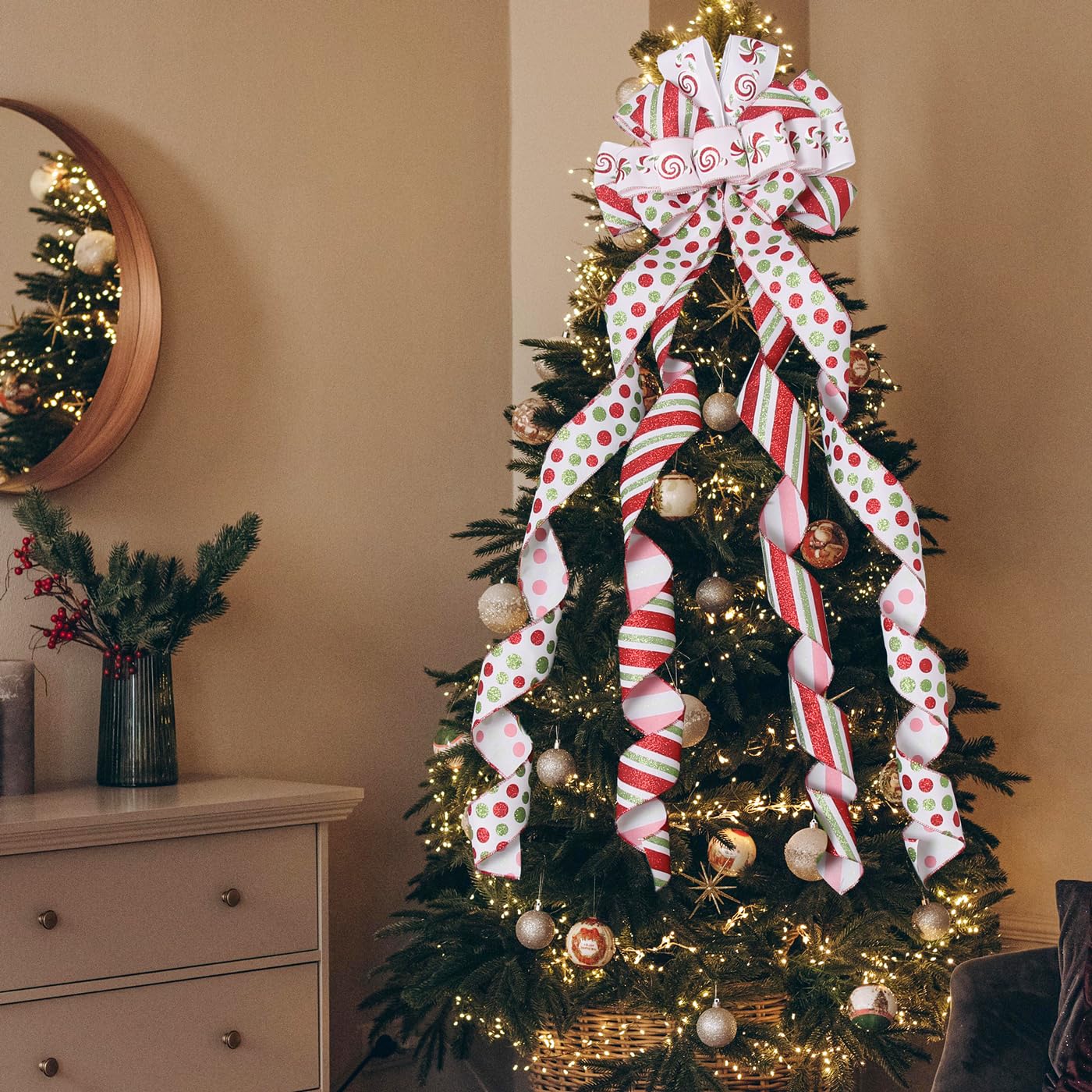 Christmas Tree Topper Wreath Bow Large Green Christmas Bow Tree Topper with Red Green Red Stripes Candy Patterned Gift Bows for Xmas Holiday Home Thanksgiving Indoor/Outdoor Decoration 52"x13"