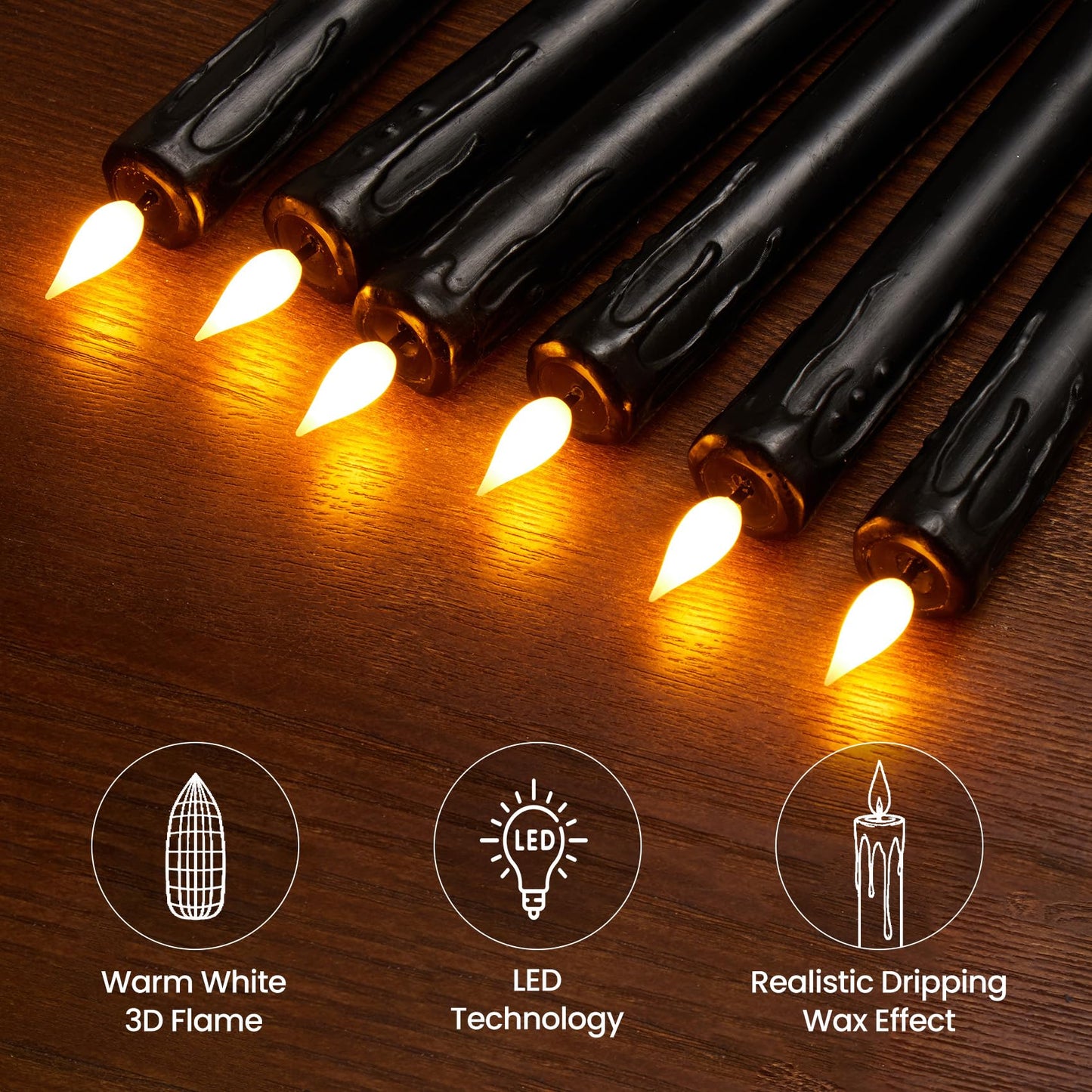 Velsyn Black Flameless Taper Candles with Remote and Timer - 9.65 Inch Real Wax LED Candlesticks - Wax Drip Battery Operated Halloween Taper Candles with 3D Flickering Flame Halloween Decor, 6 Pack