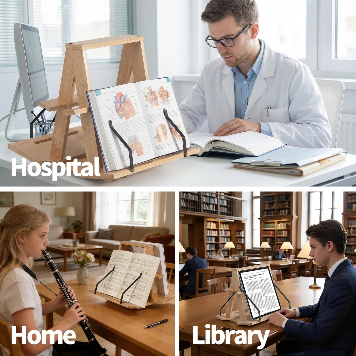 THOUSANDSUNNY Bamboo Medical Coding Book Stands, Two-Sided Rotating Books Holder for Reading in Desktop for Large Book and Bible Thick Books