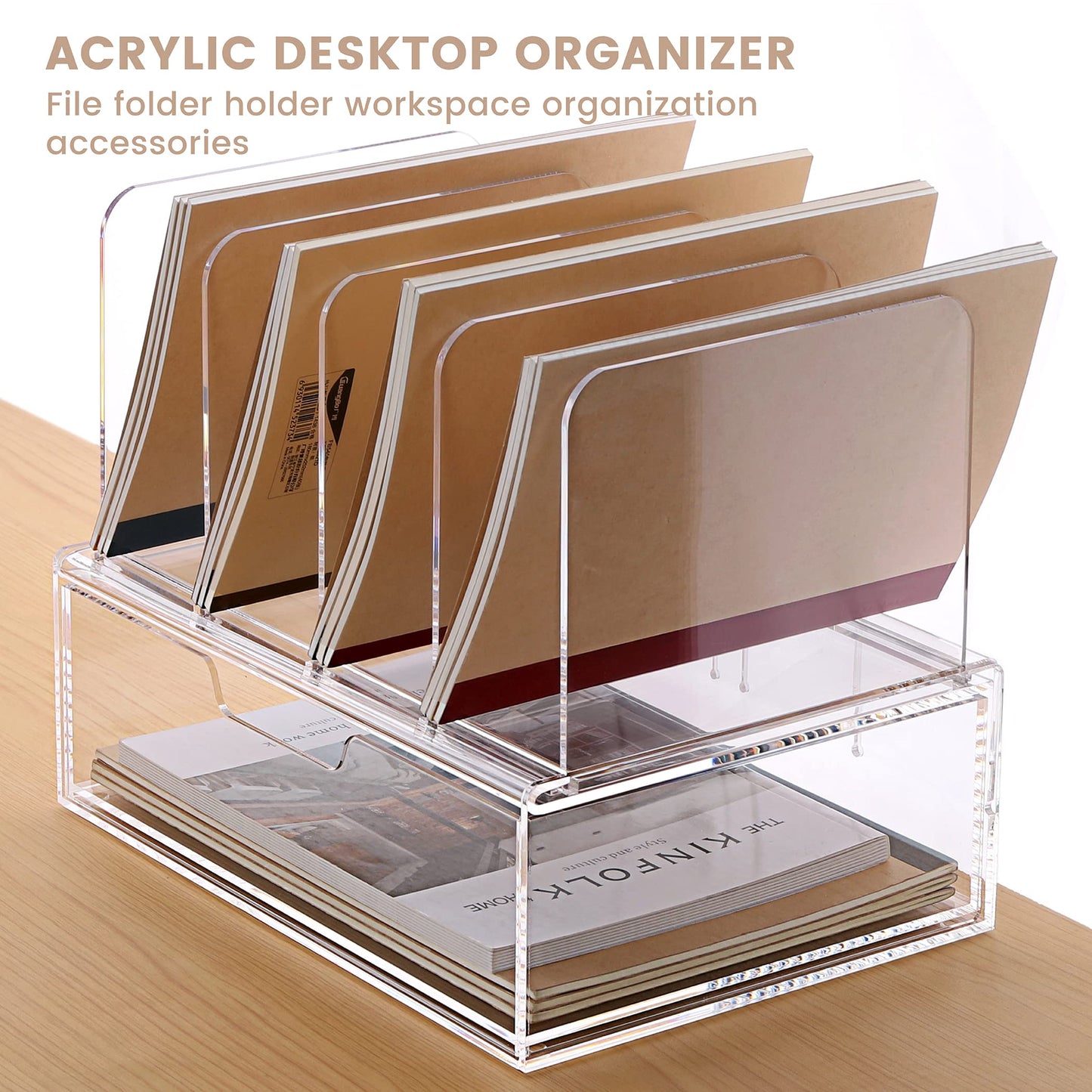 HeZone Desk Organizers and Accessories, Acrylic Desk Organizer with Drawer, Office Supplies Organization Storage, Clear Acrylic File Organizer for Desk - 1 Pack