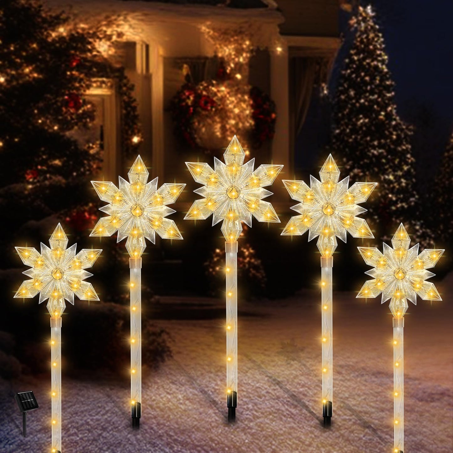 VOGVOG Snowflake Solar Christmas Pathway Lights, Set of 5 LED Outdoor Stake Lights, Waterproof Christmas Decorations for Garden, Yard, Lawn, Walkway, Patio Decor (Warm, 5pcs)