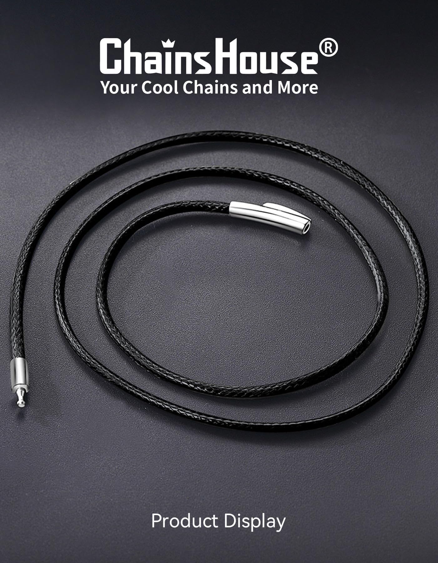ChainsHouse Leather Necklace Cord for Men 16 Inches 2MM Black Waterproof Leather Chain Necklace with Clasp, Rope Choker for Women Men