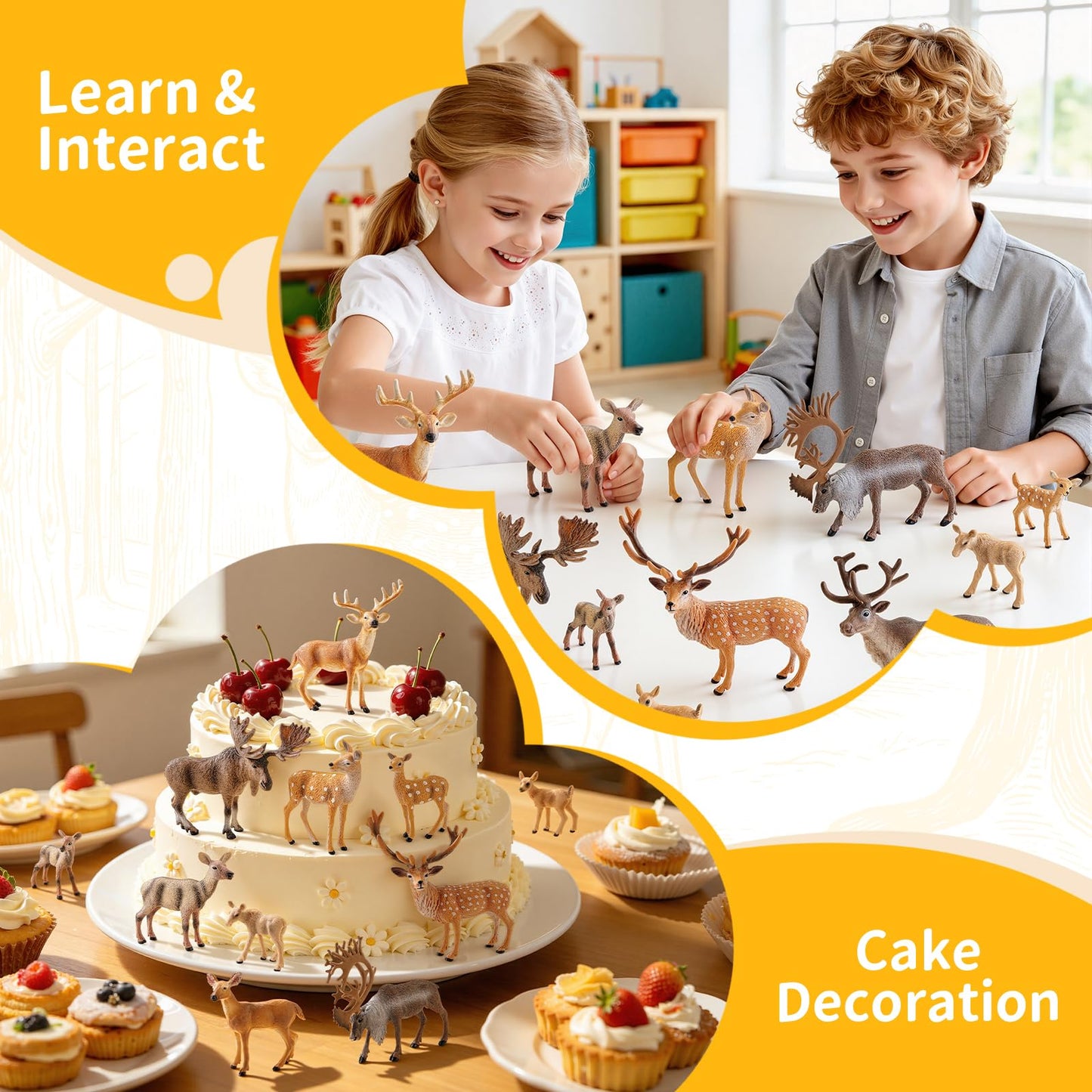 THINKBAY 14 PCS Deers Family Figurines Set - Elk, Reindeer, Moose, Sika Deer, Whitetail Deer - Realistic Solid Wild Animal Figures for Kids 3+, Educational Toys, Cake Toppers, Party Favors