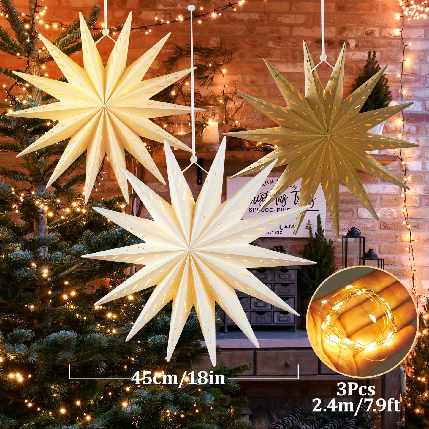 SUNBEAUTY 14-Pointed 18 Inch Hollow Out Paper Star Lanterns Brown White Christmas Lanterns Hanging Lamp Paper Decorations Shade Wedding Birthday Christmas Home Party Decorations