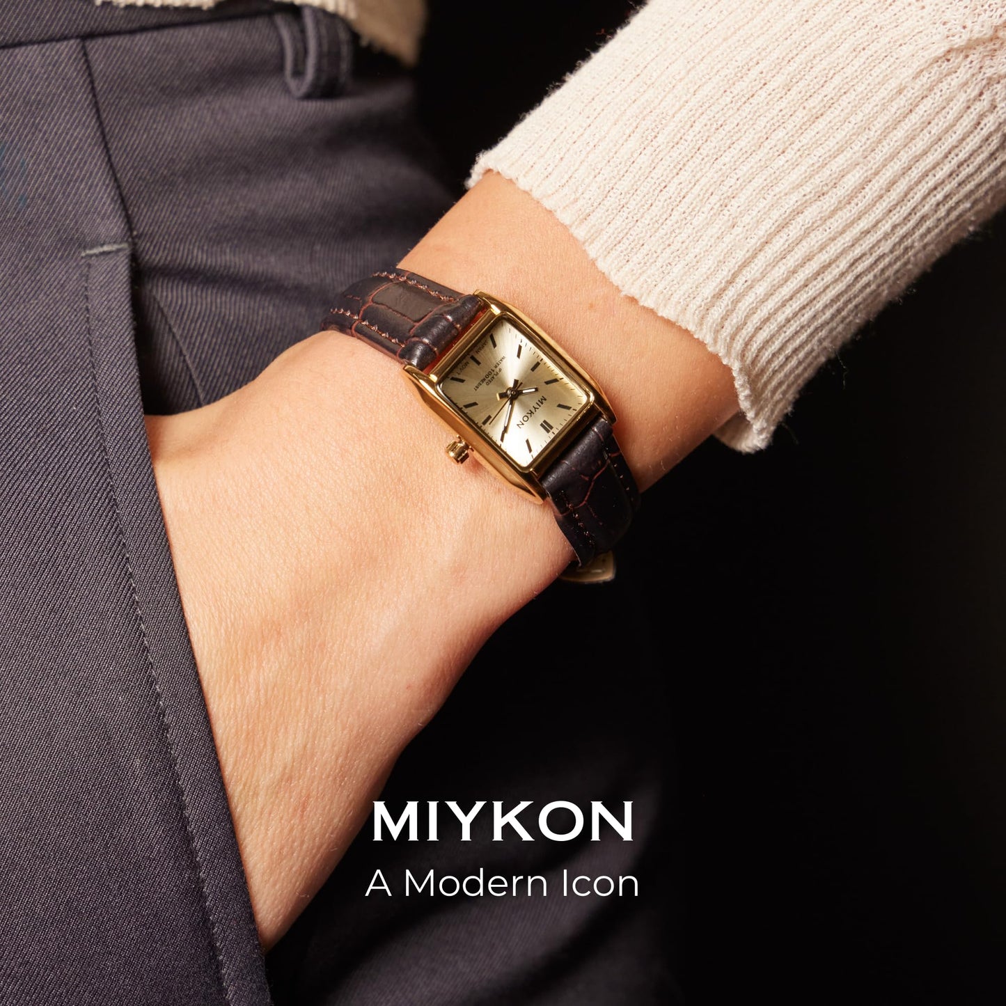 Miykon Gold Vintage Watches for Women - Small Dainty Tank, Square Womens Watch with Brown Genuine Leather Strap - Second Hand, Japanese Quartz, Waterproof to 100ft