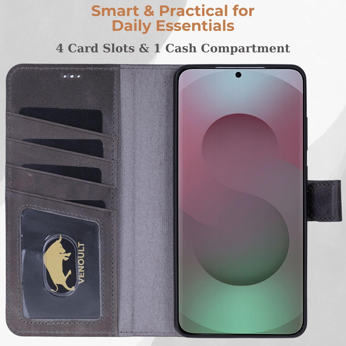 VENOULT Wallet Case for Samsung Galaxy S24 Ultra with 4 Card Slots, Full Grain Genuine Turkish Leather, Business Style, Magnetic Detachable Folio, Wireles Charge, RFID, Handmade (Sandy Gray)
