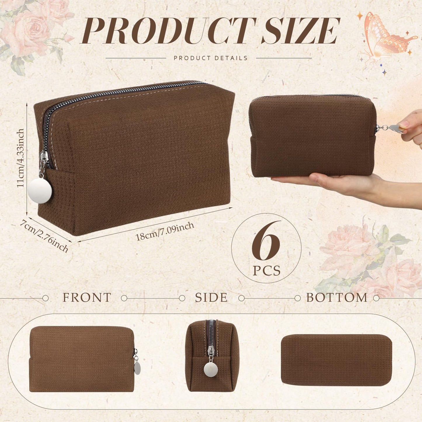 Kacctyen 6 Pcs Waffle Makeup Pouch Bag Portable Makeup Bag for Women, Cozy Waffle Cosmetic Pouch, Large Capacity Handheld Toiletry Organizer with Zipper for Bridesmaid, Wedding, Travel, Daily Use