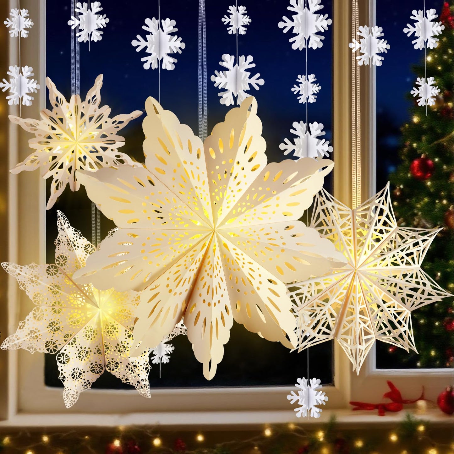 5Pcs Christmas Paper Snowflake Lanterns, Large Christmas Paper Star Lanterns with Lights & Banner White Hanging Snowflake Lamps for Xmas Winter Frozen Weddings Birthday Holiday Party Decorations
