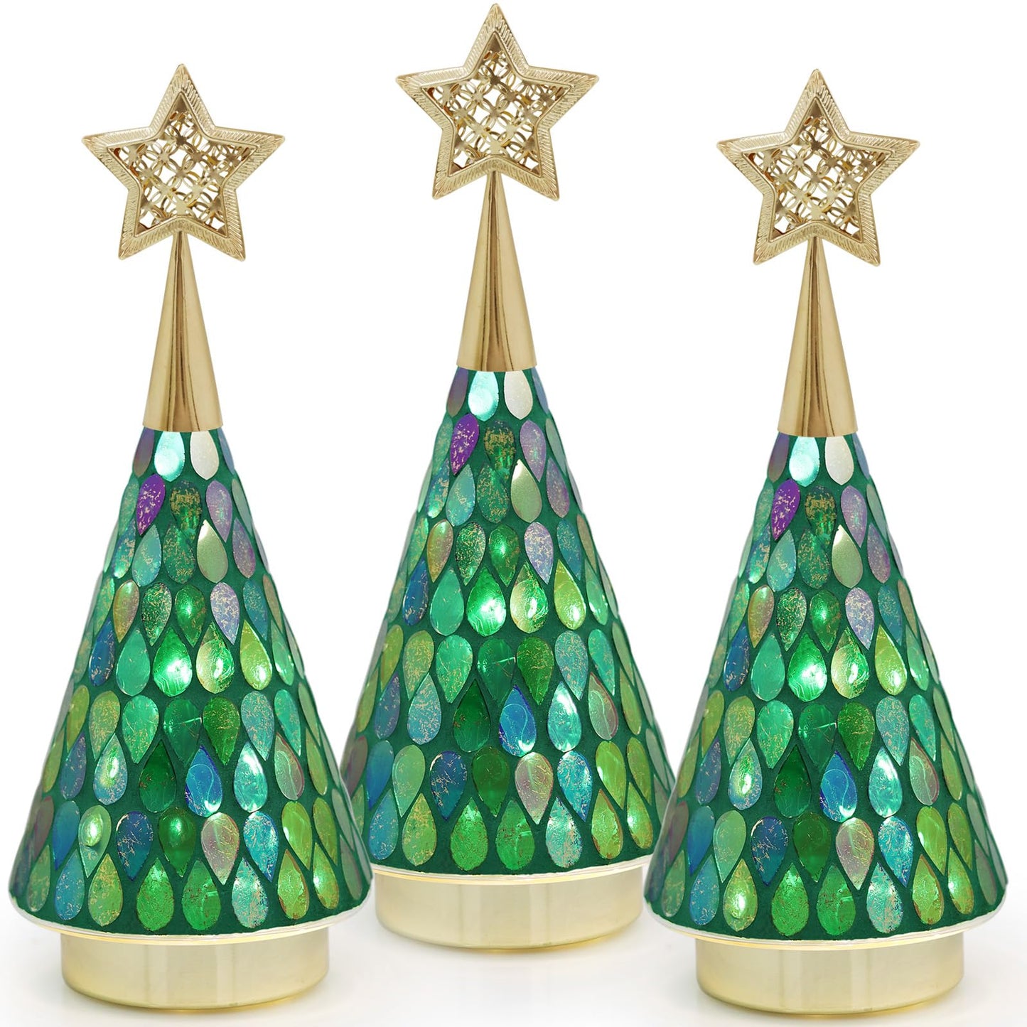 Green Glass Tabletop Christmas Trees, 3 PCS Handmade Mosaic Glass Small Christmas Trees with Light, Battery Operated Xmas Tree for Bedroom Decor 11"