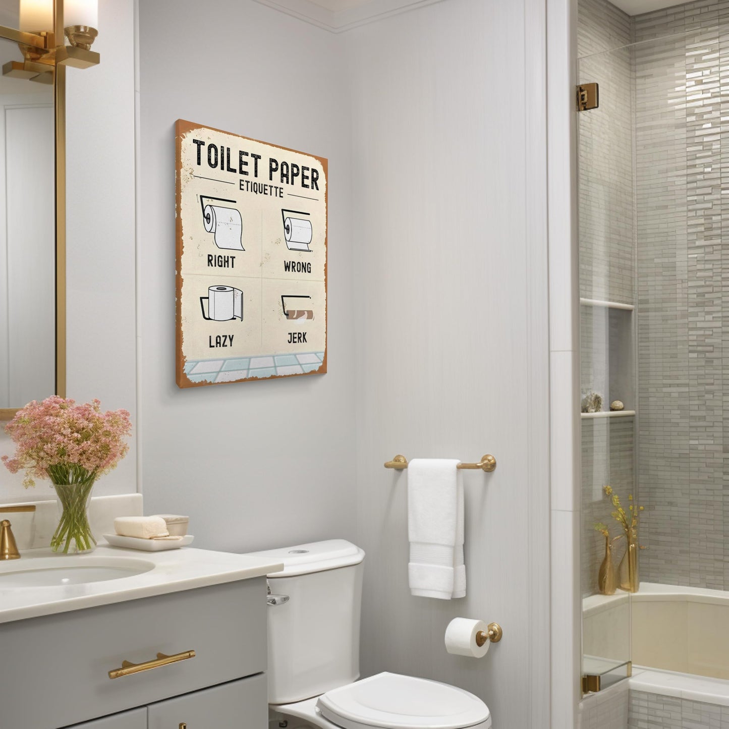 QICLM Funny Bathroom Framed Canvas Wall Art Posters, Correct Toilet Paper Etiquette Manner Art Wall Prints for Bathroom Washroom Toilet Restroom Decor, 11x14 Inch