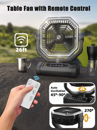 Portable Rechargeable Fan - 9-Inch Camping Fan for Tent, 20000mAh(60Hrs) Battery Operated Fan for Camping, Auto Oscillation Cordless Fan, Tent Fan with Remote/Light, 4 Speeds, 4 Timing, Outdoor