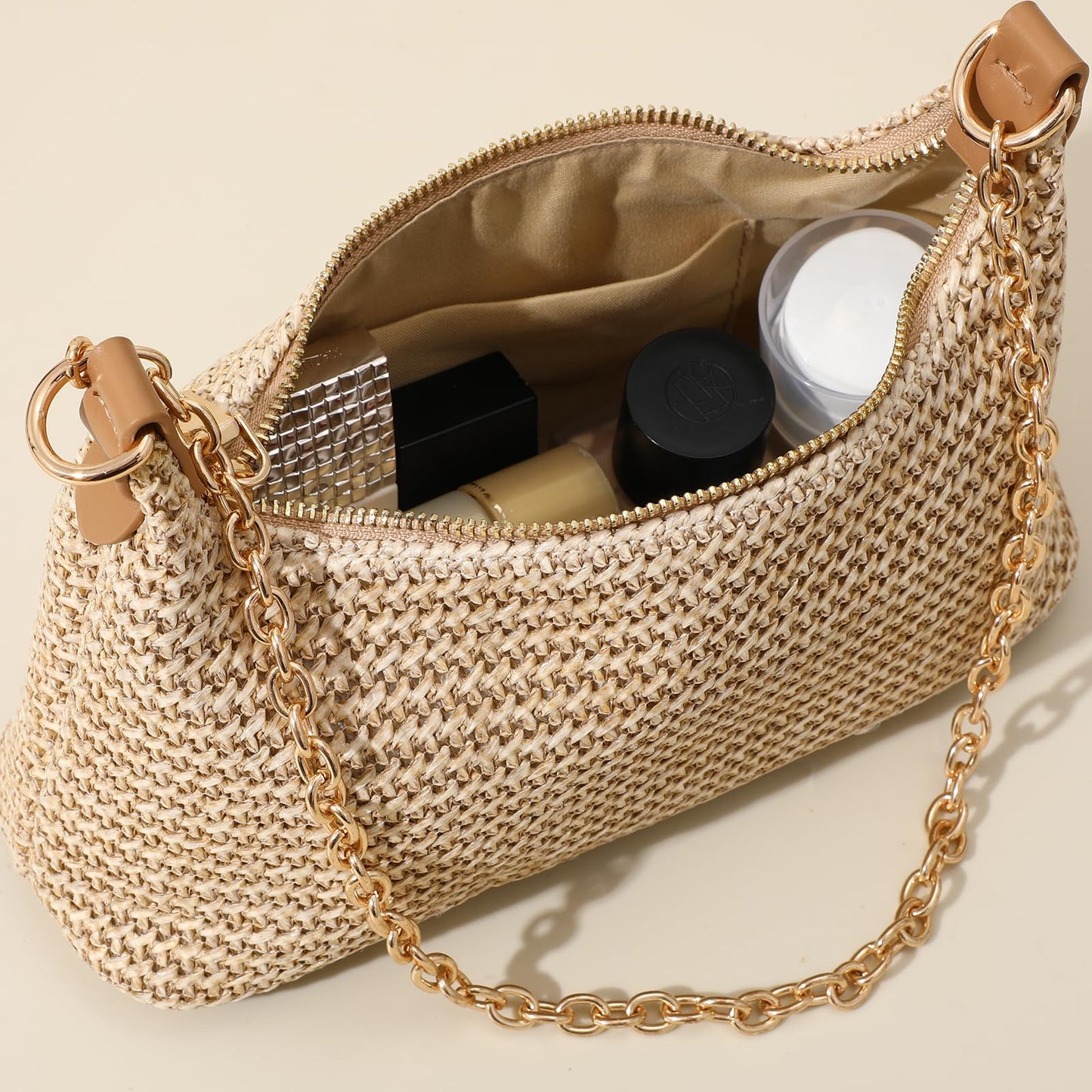XquiziFit Beach Bags for Women Summer Straw Purse Boho Woven Shoulder Bag Crochet Purse Vacation Tote Handbag Khaki