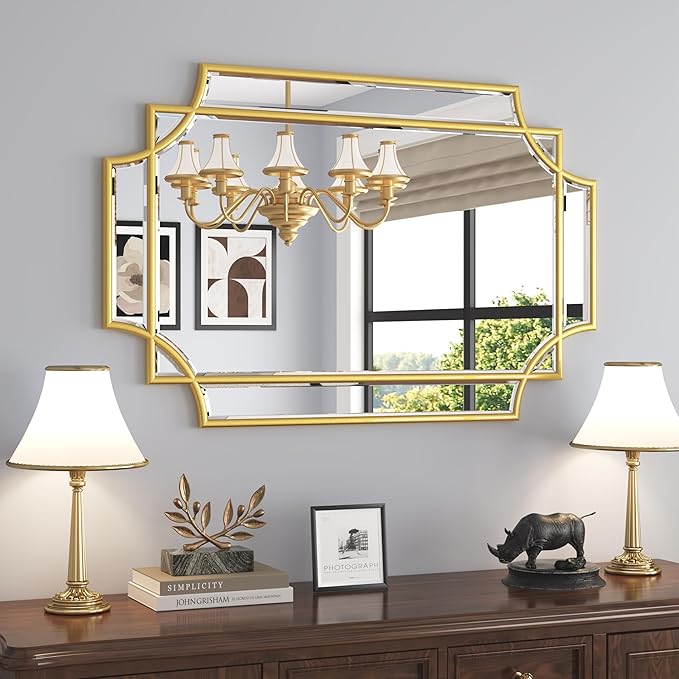 Bathroom Mirror for Wall Gold Farmhouse Wall Vanity Mirror for Over Sink Wood Framed Beveled Mirrors Deco（24 * 36IN/Gold）