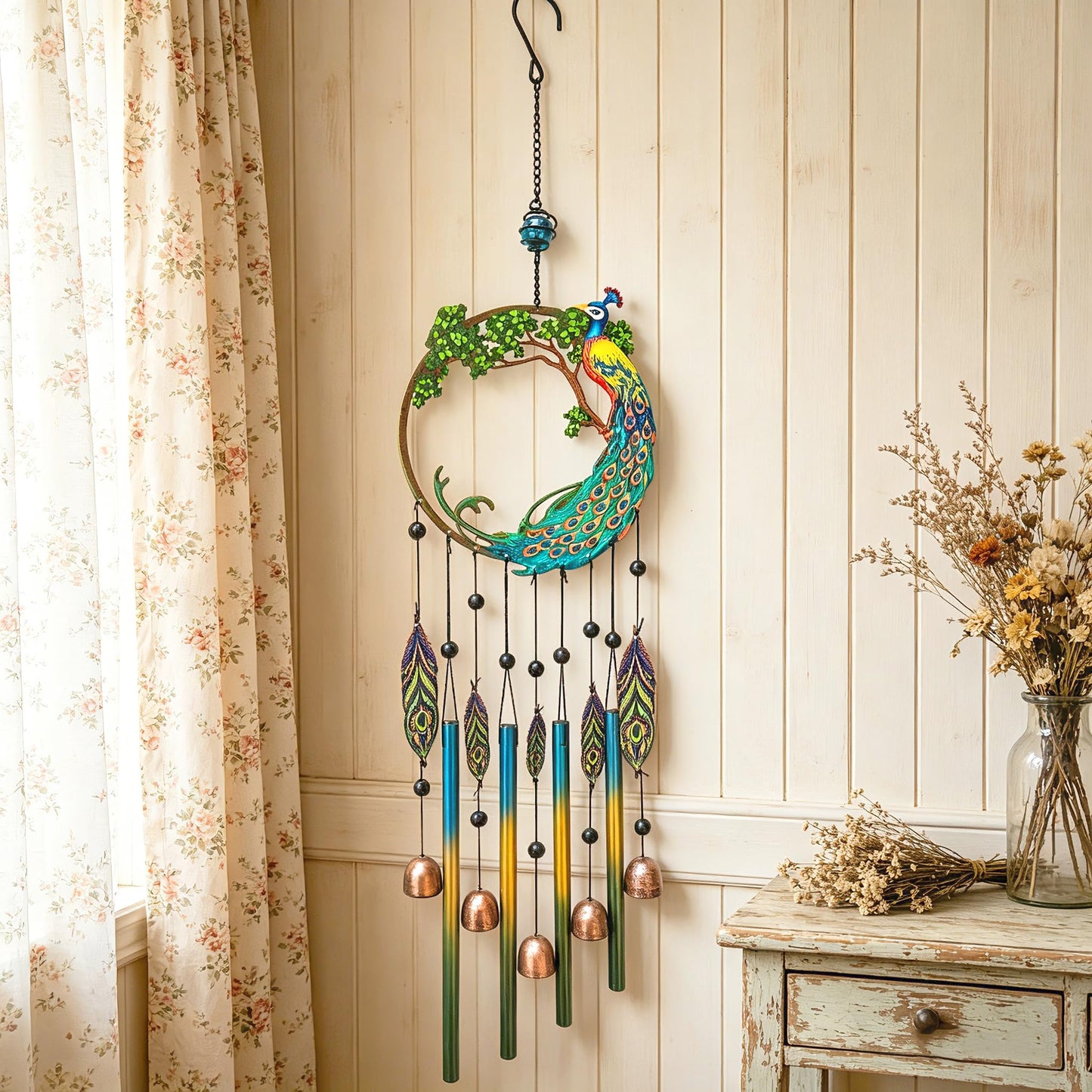 Peacock Dream Catchers Windchimes with Copper Bells 28" Peacock Wind Chimes for Zen Atmosphere Outdoor Garden Decor Unique Peacock Gift Home Decor