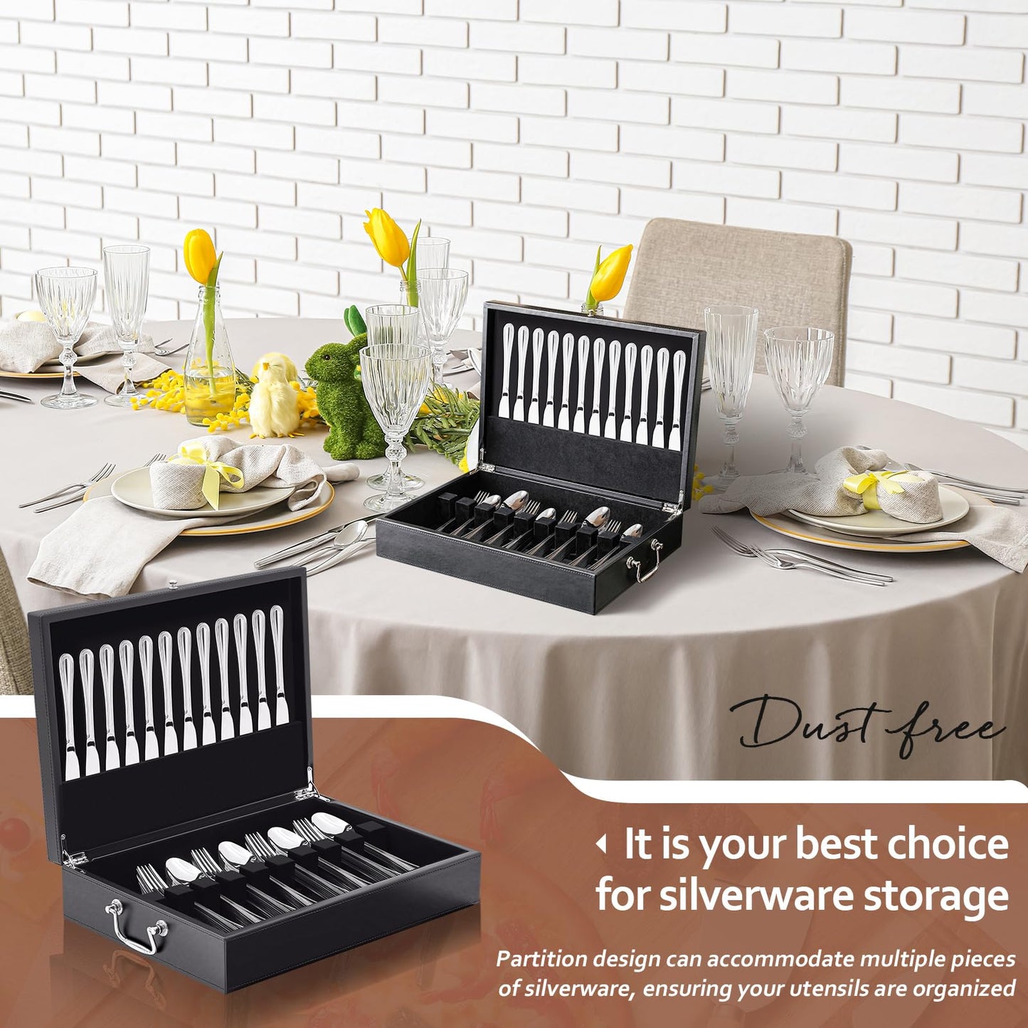 DoubleFill 1 Layer Leather Silverware Storage Box with Lid and Handles, Anti Tarnish Silverware Storage Chest Case with Felt-lined for 12 Sets of Utensils Flatware Gifts, 15.3x11.2x3.6 Inch