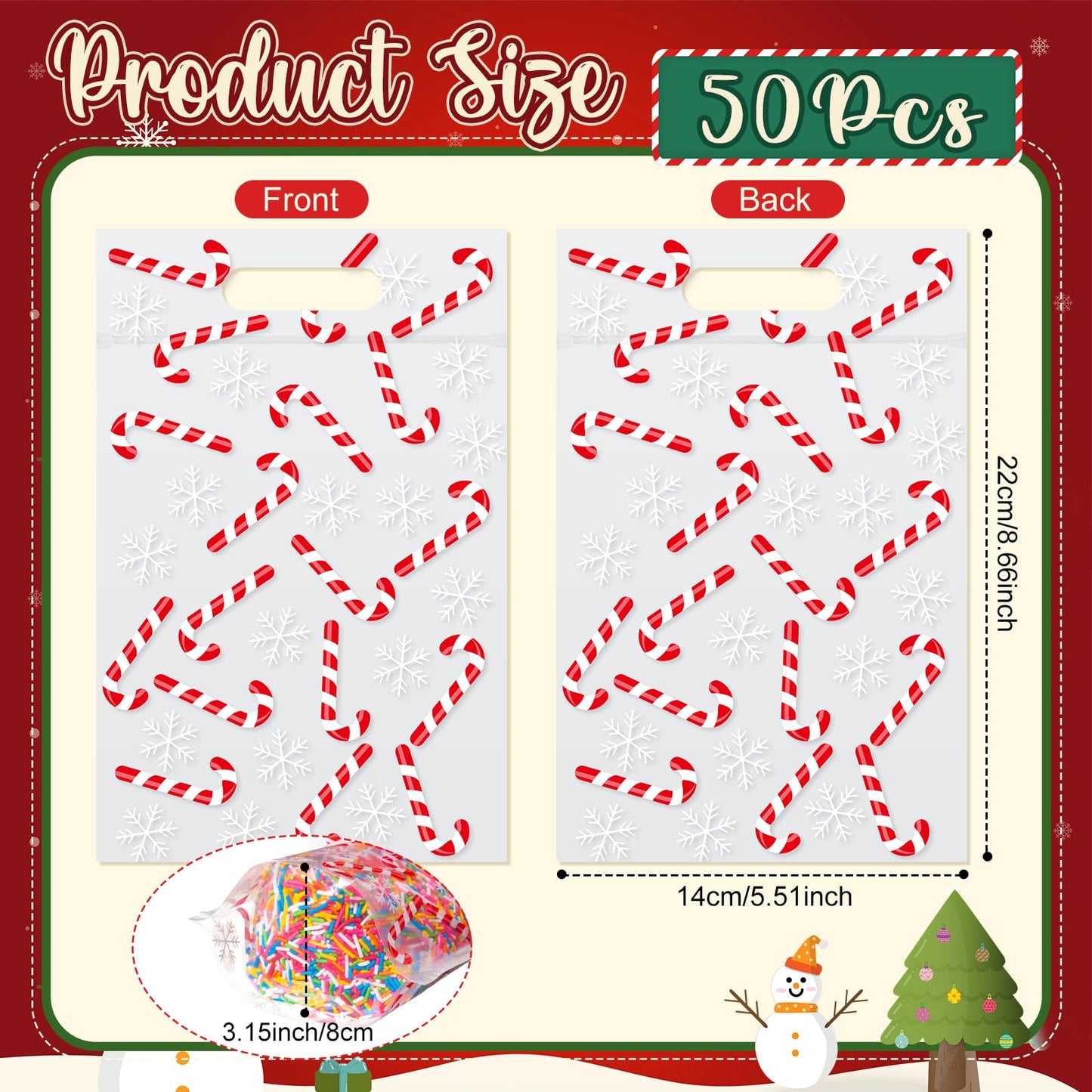 Engrowtic 50 Pcs Christmas Treat Bags Resealable Christmas Zipper Bags Candy Cane Plastic Gift Bag Holiday Bag with Handles for Xmas Party Favor Wrapping Supplies
