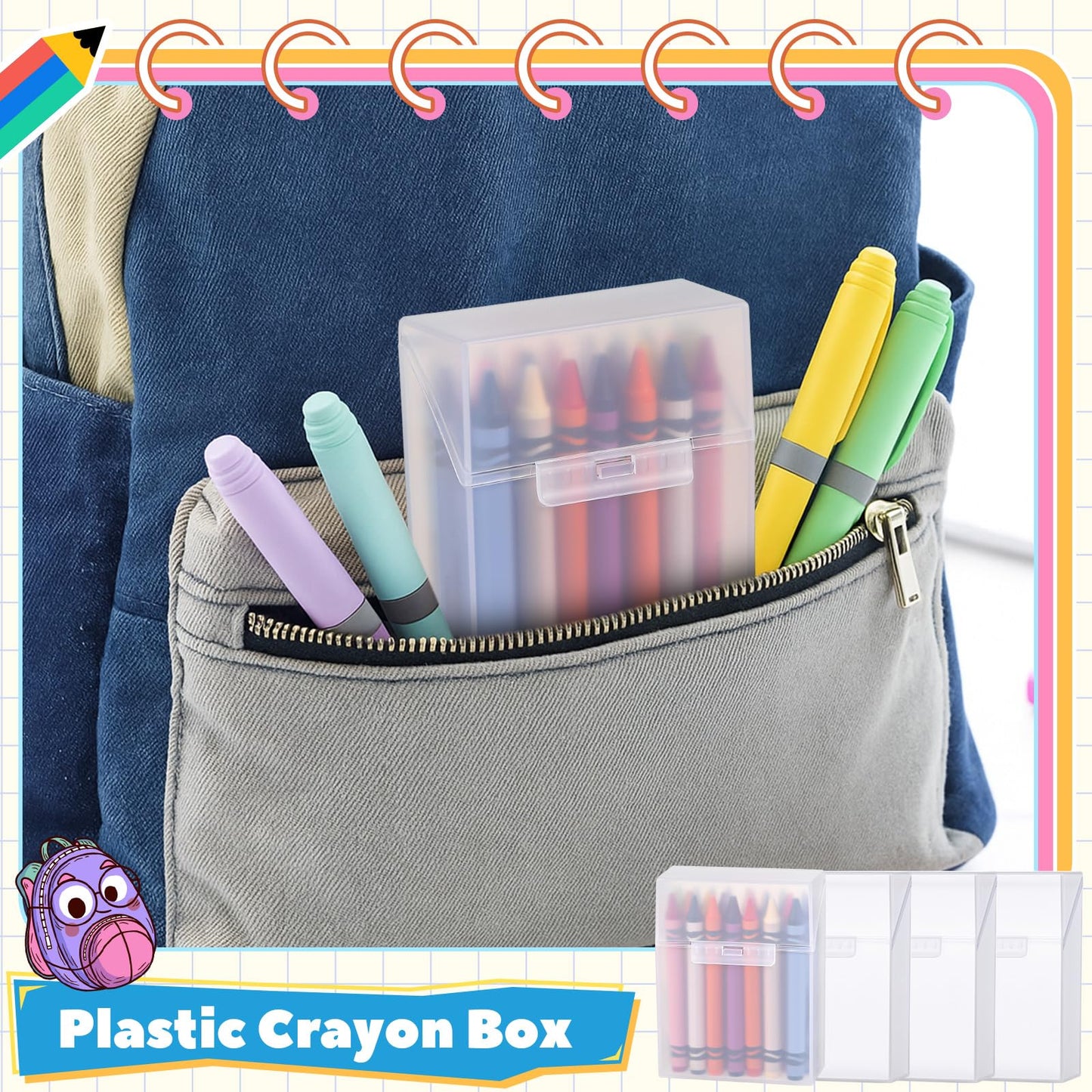 Clabby 4 Pcs Plastic Clear Crayon Box Bulk Holds 24 Crayon With Hinged Lid and Snap Closure for Pens School Office Supply Organization (Clear)