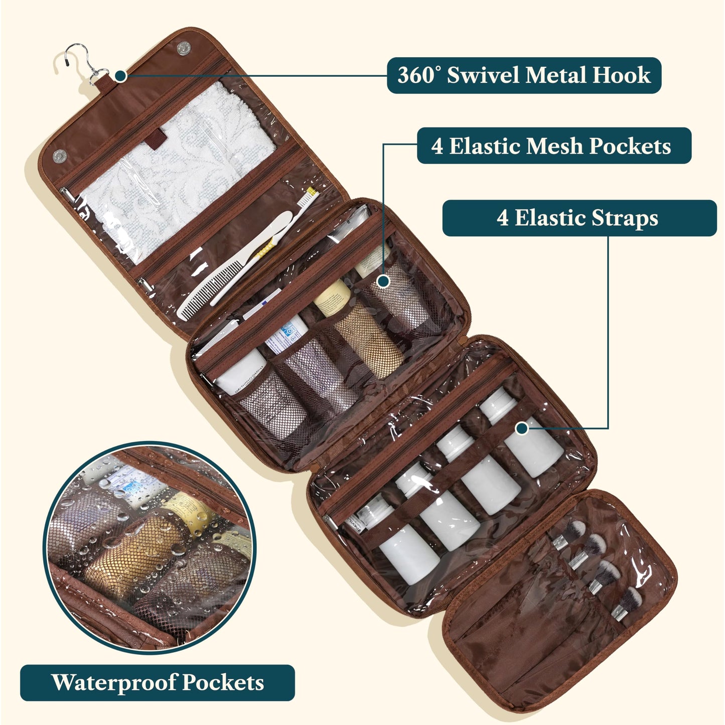 PAVILIA Hanging Toiletry Bag Women Men, Foldable Cosmetic Organizer Travel Bag, Water Resistant Makeup Bag Toiletries, Large Travel Essentials Kit (Dark Brown)