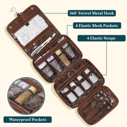 PAVILIA Hanging Toiletry Bag Women Men, Foldable Cosmetic Organizer Travel Bag, Water Resistant Makeup Bag Toiletries, Large Travel Essentials Kit (Dark Brown)