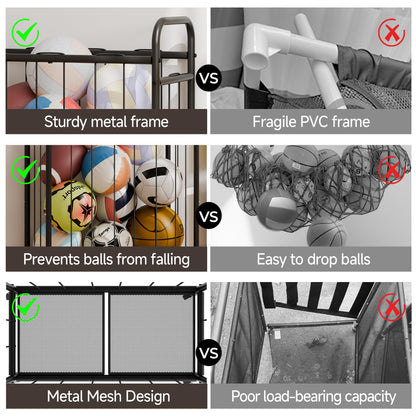 StorageWorks Ball Storage with Wheels, Garage Sports Equipment Organizer with Hooks, Balls Organizer for Basketball, Football, Volleyball