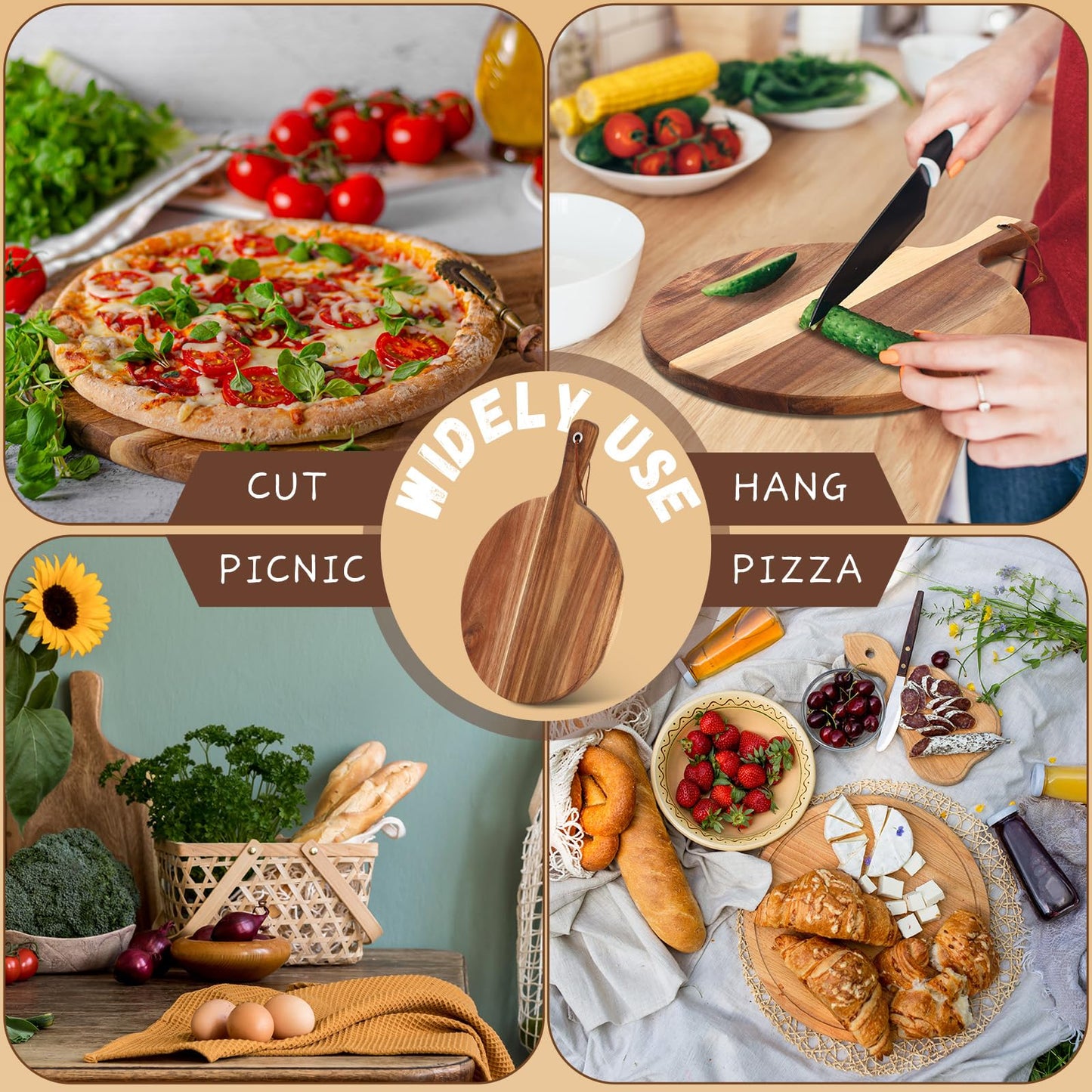 Uiifan 15 Pcs Round Acacia Wood Cutting Board Set with Handle Thick Wooden Charcuterie Board Bulk Large Paddle Chopping Set for Christmas Serving Meat Pizza Bread Baking (3 Sizes)