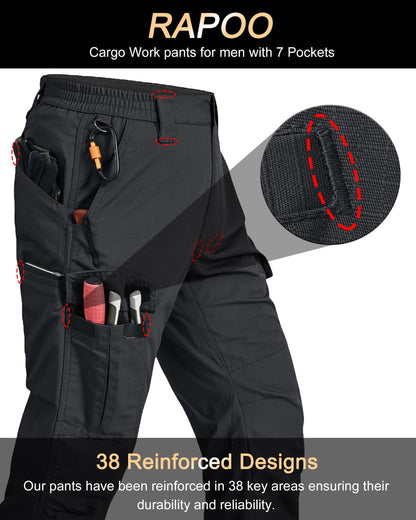 Rapoo Tactical Pants for Men Cargo Working Army Fishing Hiking Pants for Men with Pockets Elastic Waist Mens Ripstop Construction Carpenter Outdoor Pants Black 32Wx34L