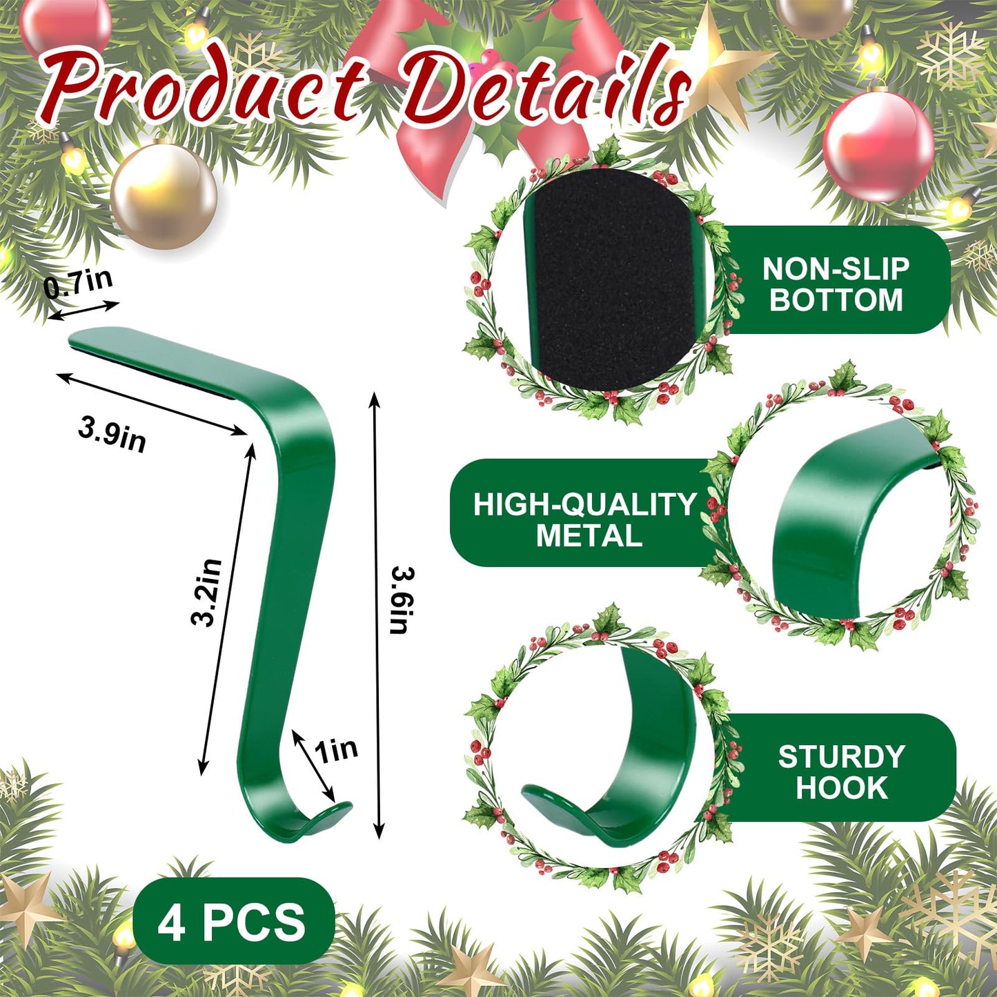 JarThenaAMCS 4Pcs Christmas Stocking Holders Metal Hanging Hooks Ornament Fireplace Mantel Hanger for Xmas Holiday Party Decorations (Red and Green)