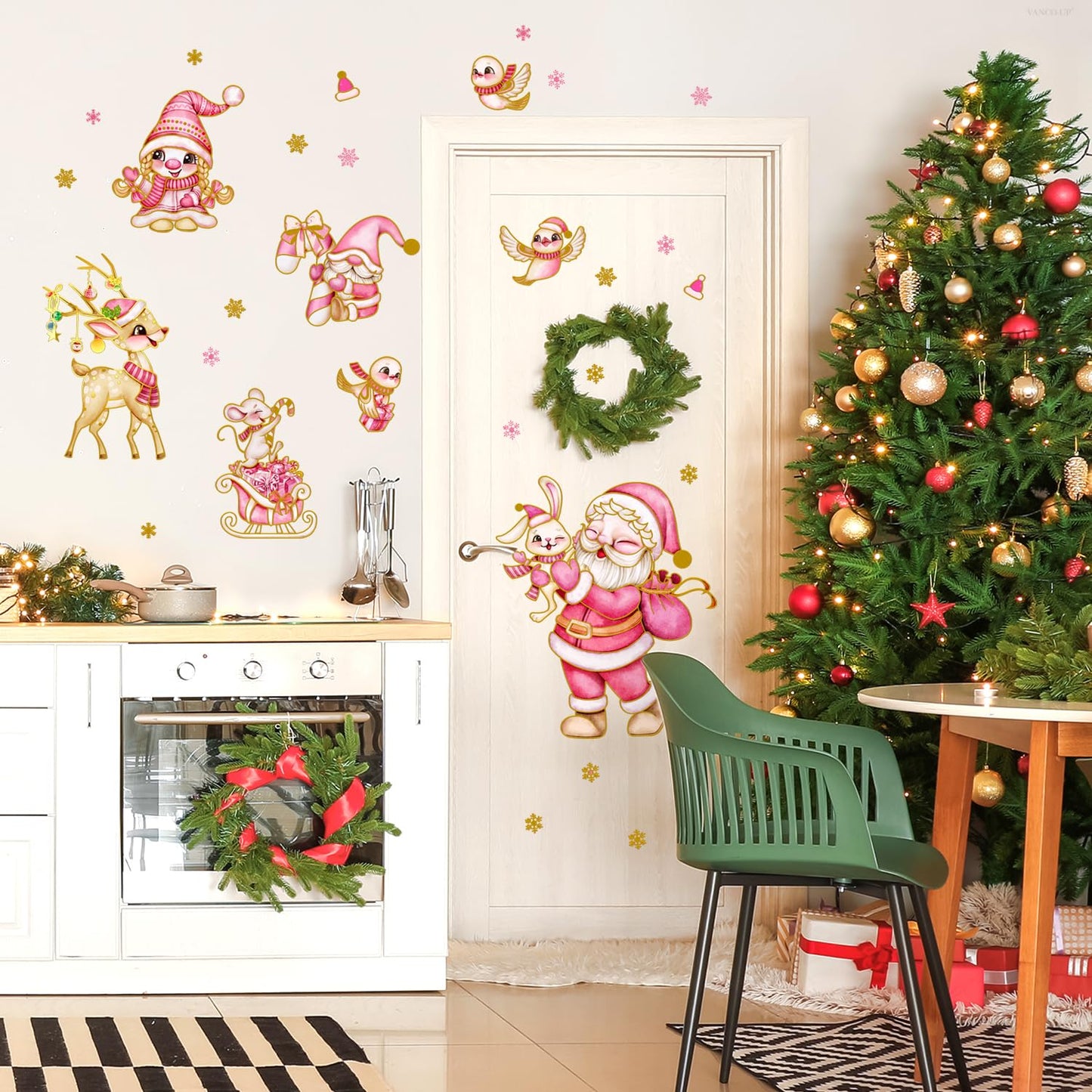 Wrdpyrmnis Pink Santa Claus Wall Stickers with Reindeer Christmas Gnome Window Sticker Decor Peel and Stick Wall Decals Window Clings for Room Classroom Christmas Decorations (1 Sheet)
