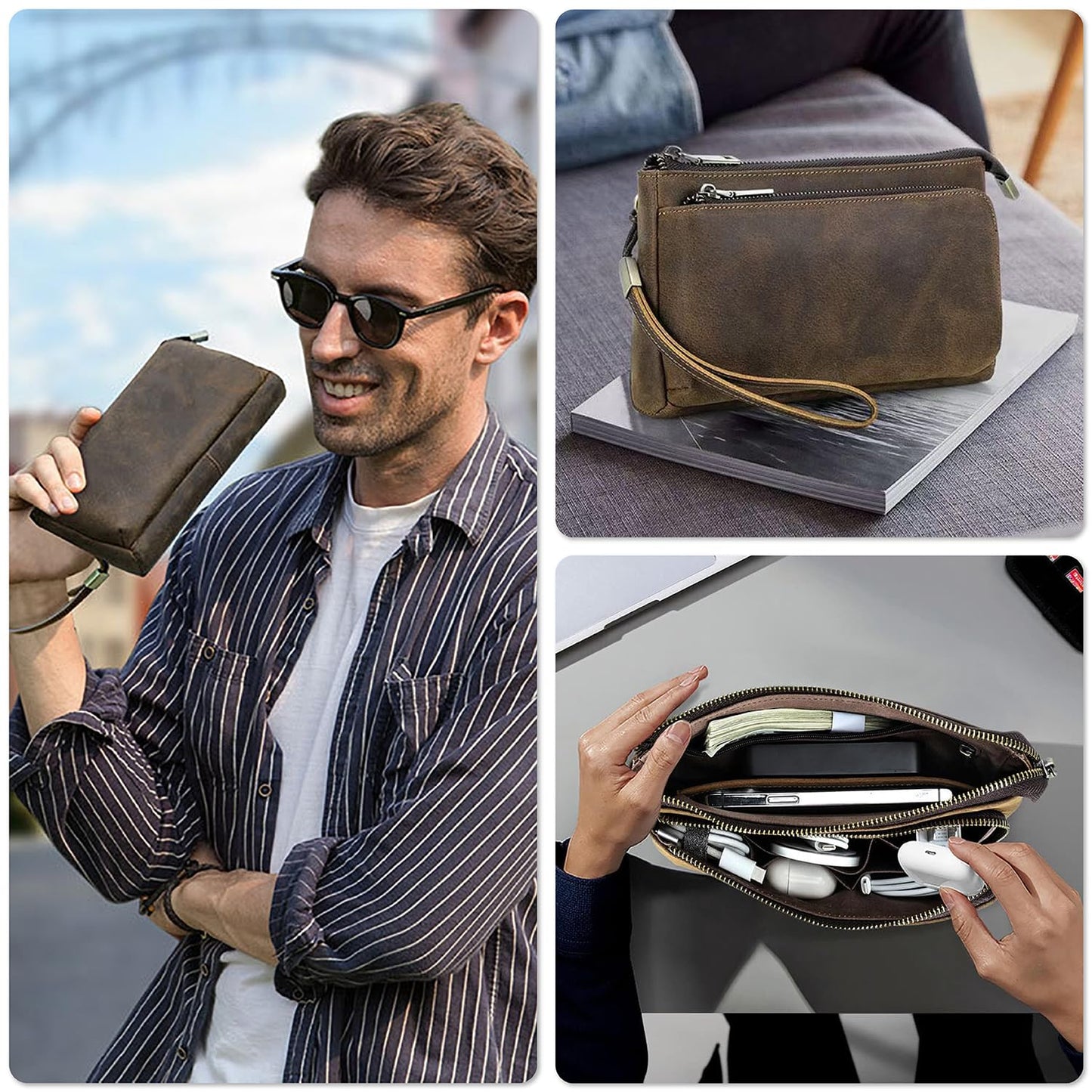 CataPurus Electronic Organizer Zipper Bag Tech Kit, Top Grain Leather Handmade, Portable Compact Travel Apple Accessories Storage Pouch Fits Phone, USB Cables, Power Banks, Chargers, Hard Drive