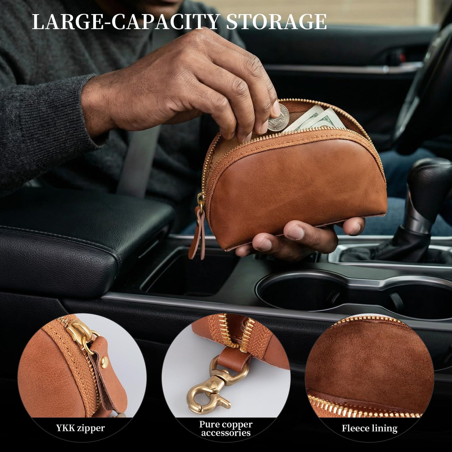 NANRUIL Coin Purse for women men,Genuine Leather Wallet Coin Pouch with Zipper Coin Bag,Simple Sturdy Coin Case.Yellow Brown