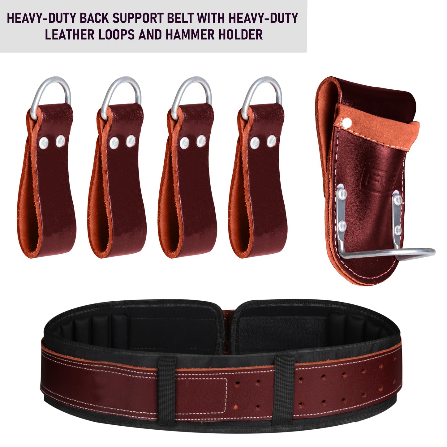 FUERI Electrician's Heavy Duty 26 Pocket Leather-Nylon Tool Belt & Suspender Combo, Comfort Back Support Padded Belt, 2 Large Storage Capacity Pouches, Best for Framers, Carpenter, Roofing