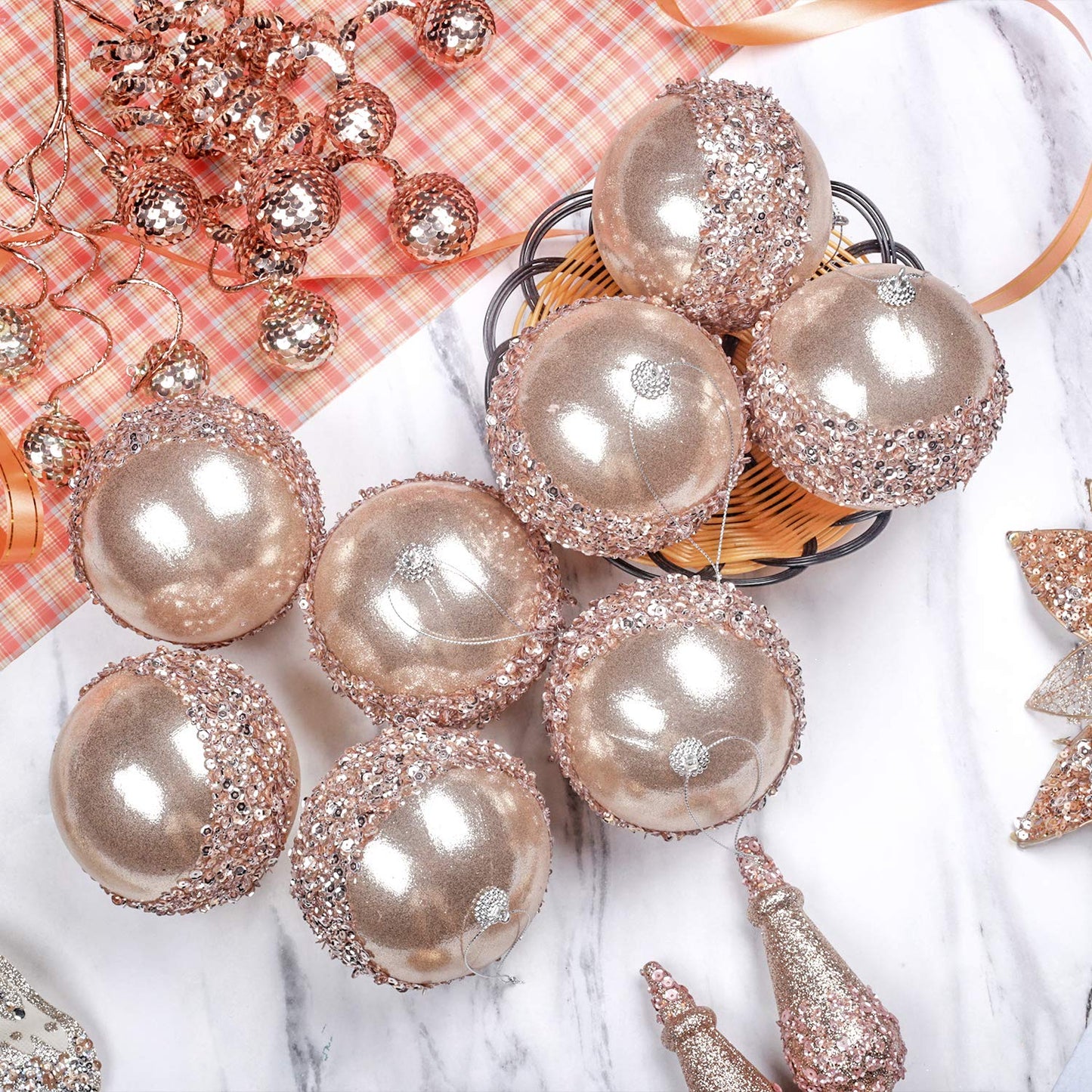 ZHANYIGY 4pc Champagne Gold Christmas Ball Ornaments, 4pc Set Red Shatterproof Christmas Decorations Tree Balls for Xmas Trees Wedding Party Holiday Decorations