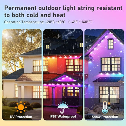 50FT Christmas Permanent Outdoor Lights,RGB+IC Eaves Lights with App & Remote Control,DIY Multi-Color Scene Modes,IP67 Waterproof,Outdoor Strings for House,Holiday Decorations for Christmas