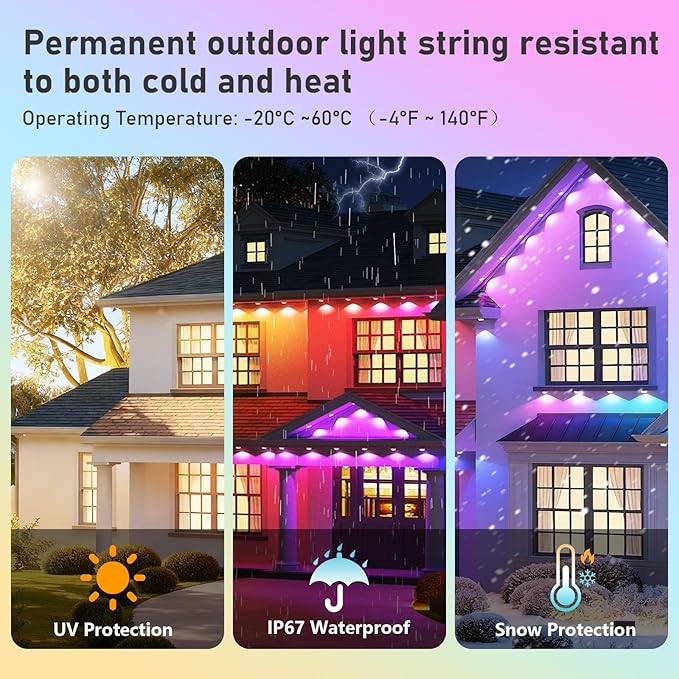 100FT Christmas Permanent Outdoor Lights,RGB+IC Eaves Lights with App & Remote Control,DIY Multi-Color Scene Modes,IP67 Waterproof,Outdoor Strings for House,Holiday Decorations for Christmas