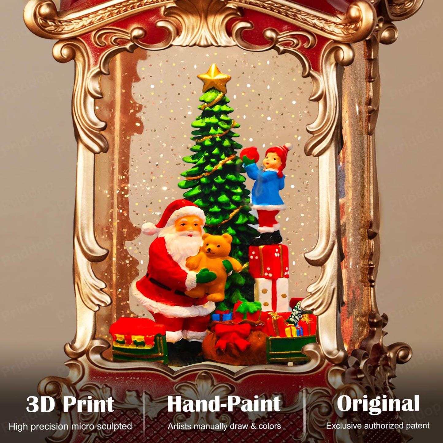 Priddop Santa Snow Globe Christmas Decorations Indoor Christmas Tree Gifts for Child Classic Relief Texture Musical Glitter Snowfall USB/Battery Timer Lantern 12.5 inch