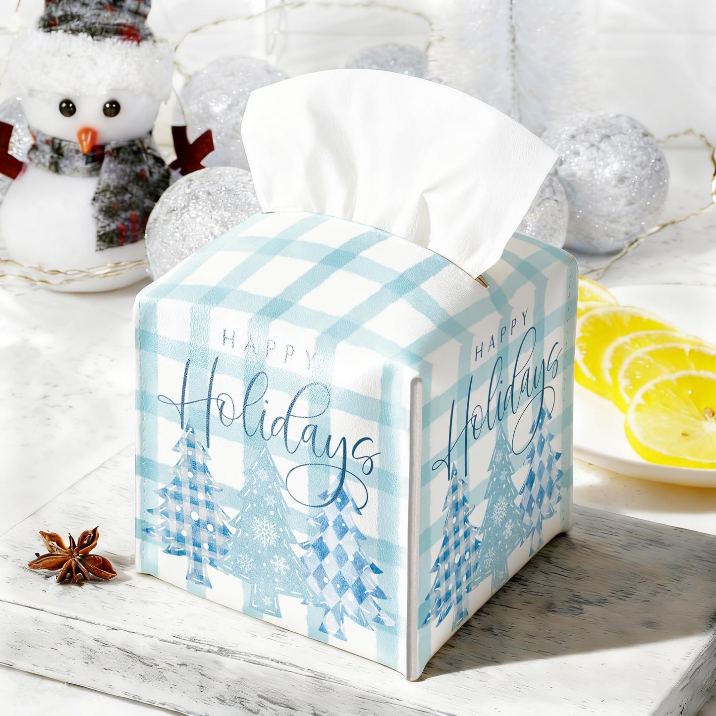 Christmas Box Cover Square, Blue Checkered Christmas Tree Decorative Tissue Box Holder, Waterproof Leather Tissues Boxes Dispenser for Bathroom, Bedroom Nightstand, Office, Car Home Decor