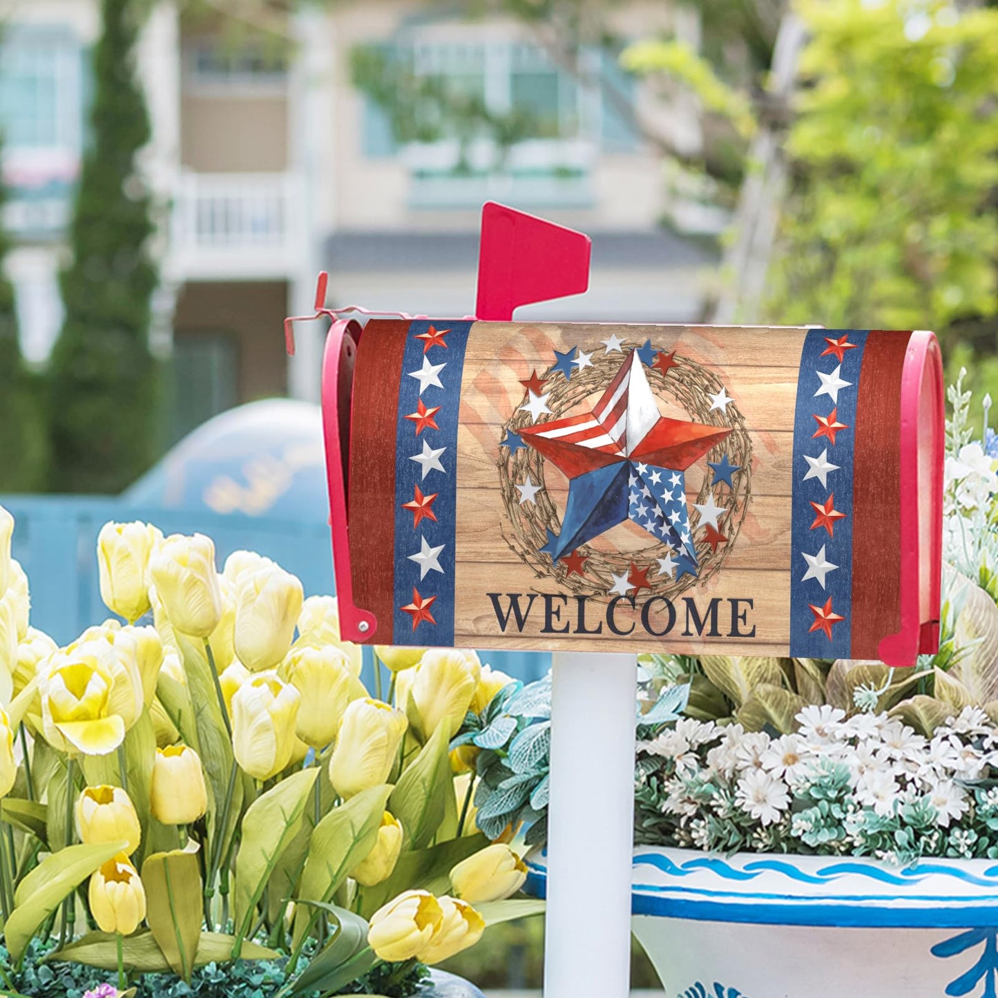 4th of July Patriotic Star Magnetic Mailbox Cover - Large Size 25.5"x21" American Flag Design for Memorial Day - Red White Blue Decorative Letter Box Wrap for Outside