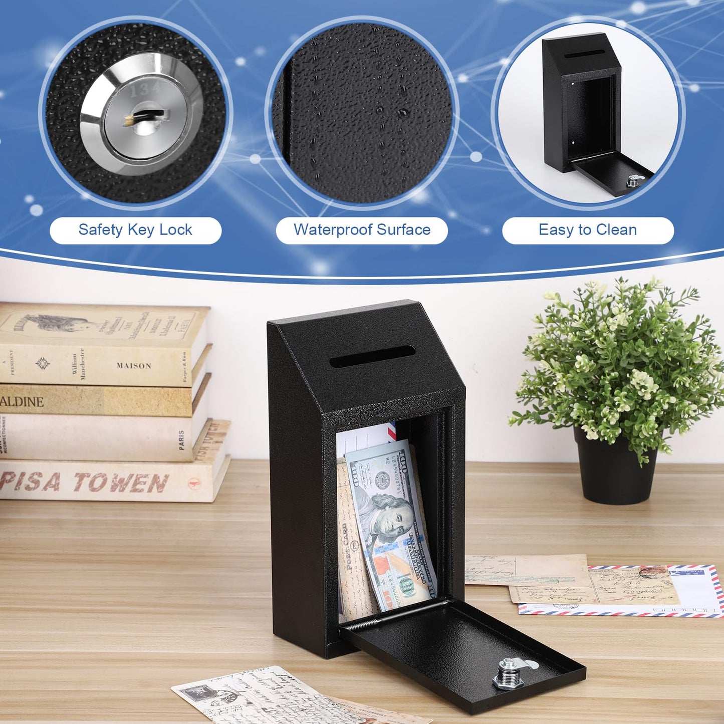 KYODOLED Money Drop Box with Lock & Slot, Metal Cash Collection & Suggestion Box for Farm Stand Sales, Office or Home Wall Mount Use, 10.24x5.7x2.95 Inch, Black