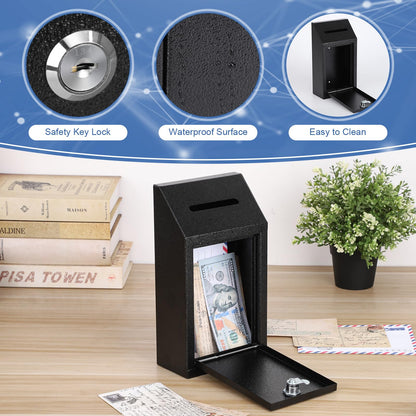 KYODOLED Money Drop Box with Lock & Slot, Metal Cash Collection & Suggestion Box for Farm Stand Sales, Office or Home Wall Mount Use, 10.24x5.7x2.95 Inch, Black