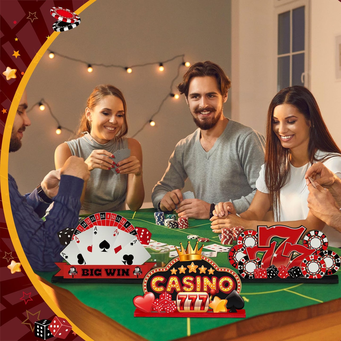 CroBlissful 6 Pcs Casino Theme Table Centerpieces Casino Theme Party Decorations Poker Chips Poker Machines Dice Spades Wooden Signs for Birthday Party Decoration