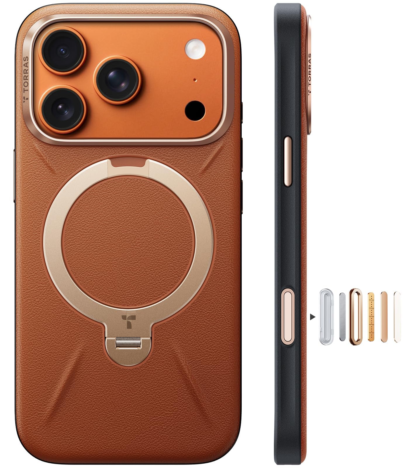TORRAS Organic Leather for iPhone 17 Pro Case with Stand, Fit for Magsafe, 360 Spin Stand with Camera Control, Premium Leather Durable Stylish Q3 VegSkin for iPhone 17 Pro Phone Case, Saddle Brown