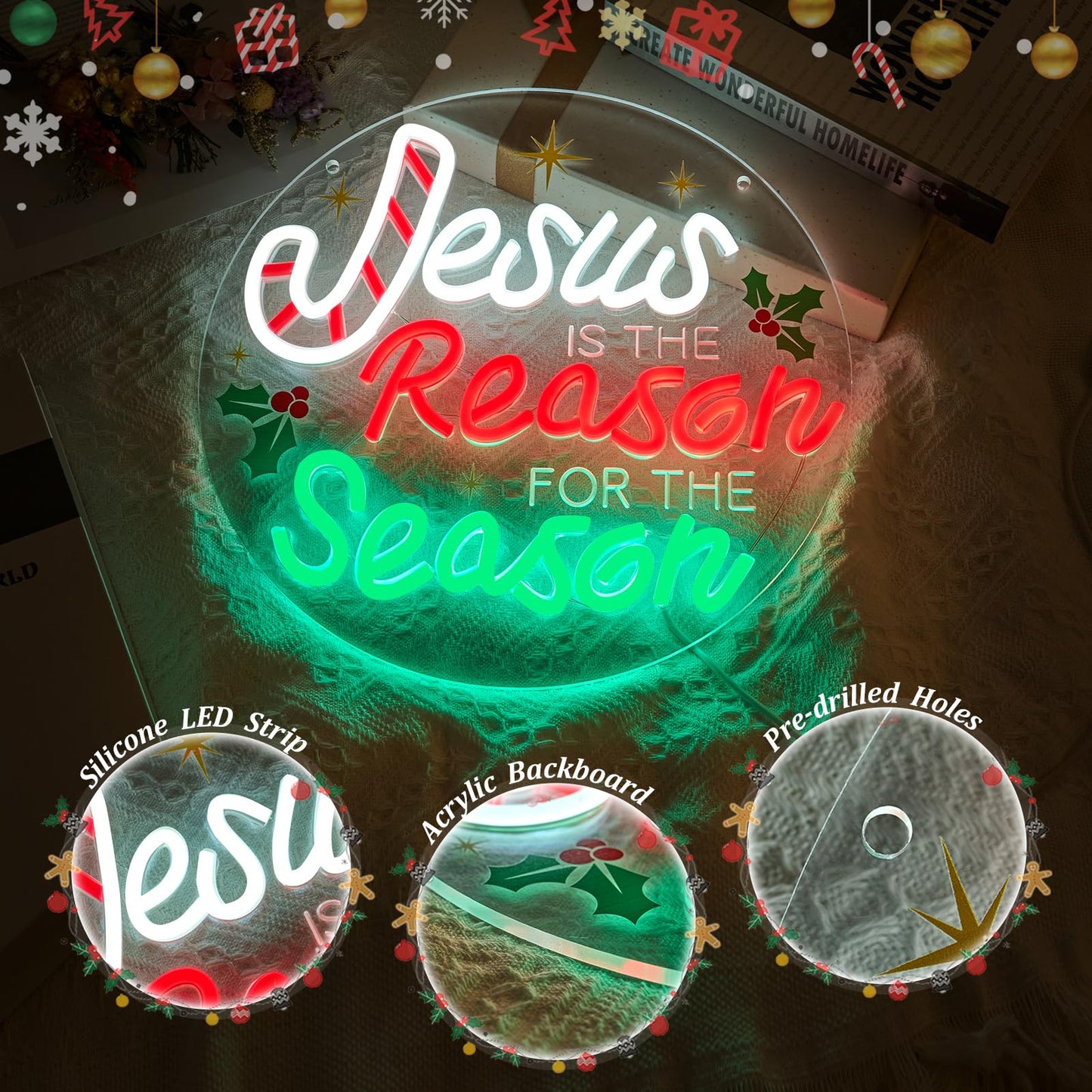 InnovTools Jesus Is the Reason for the Season Neon Sign Christmas Christian Neon Light Wall Decor, Jesus Is the Reason Acrylic LED Wall Sign, Religious Gifts Christmas Holiday Decor for Home, Window