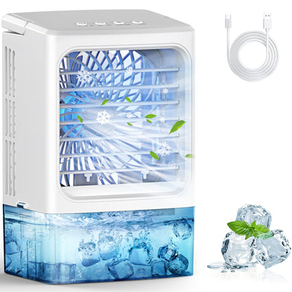 Mini Air Conditioner,Portable Air Conditioners,Evaporative Air Cooler Humidifier, 3 Speed Quiet Personal Cooling Fan, 7-Color LED Night Light, 4/8H Timer for Bedroom, Office, Camping, Car (White)